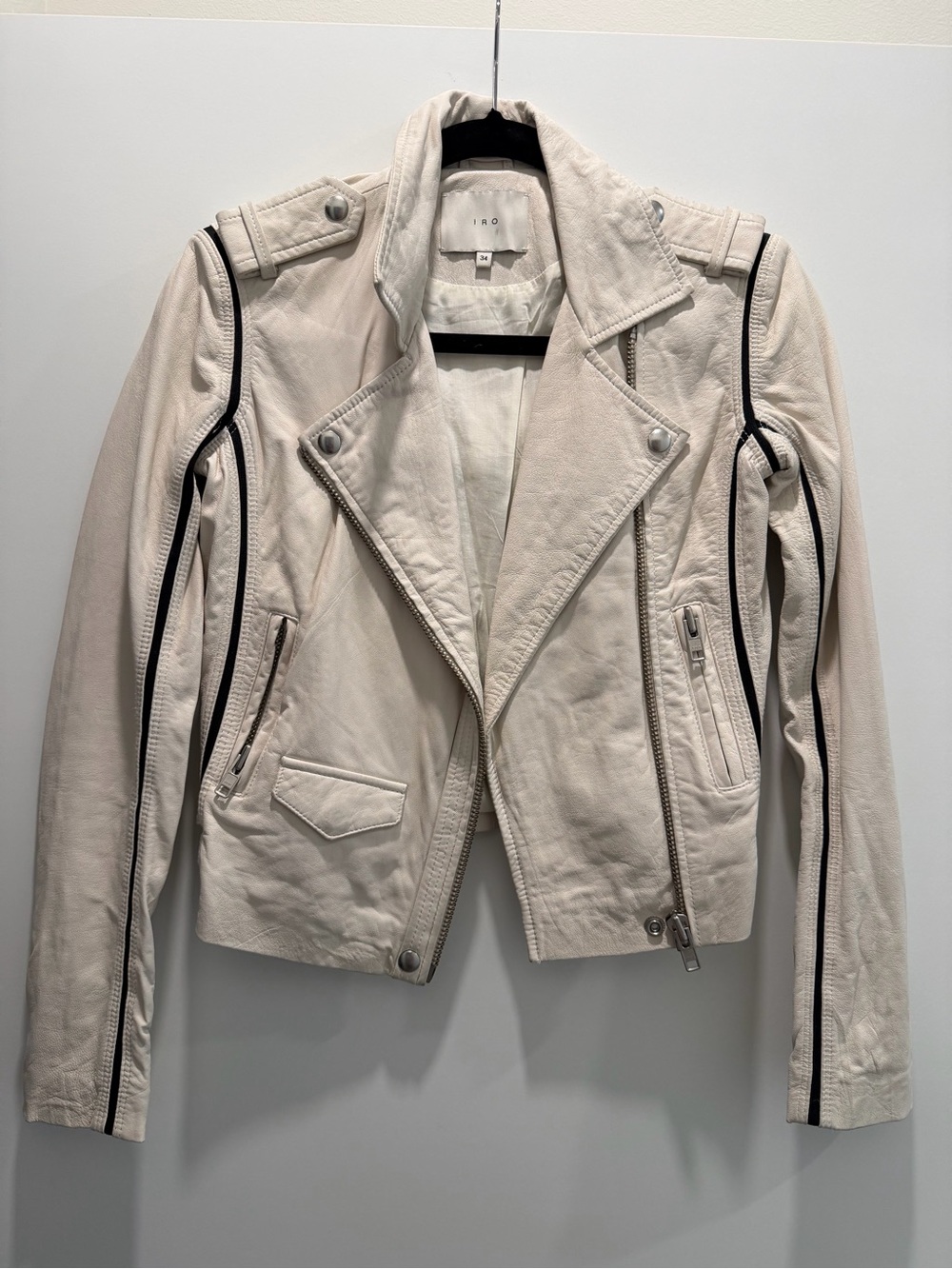 IRO Off-White Leather Moto Jacket with Black Piping